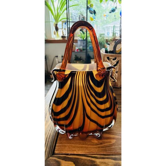 Mid 20th Century Hand Blown Art Glass Brown Black Animal print Applied Handle - Picture 4 of 6